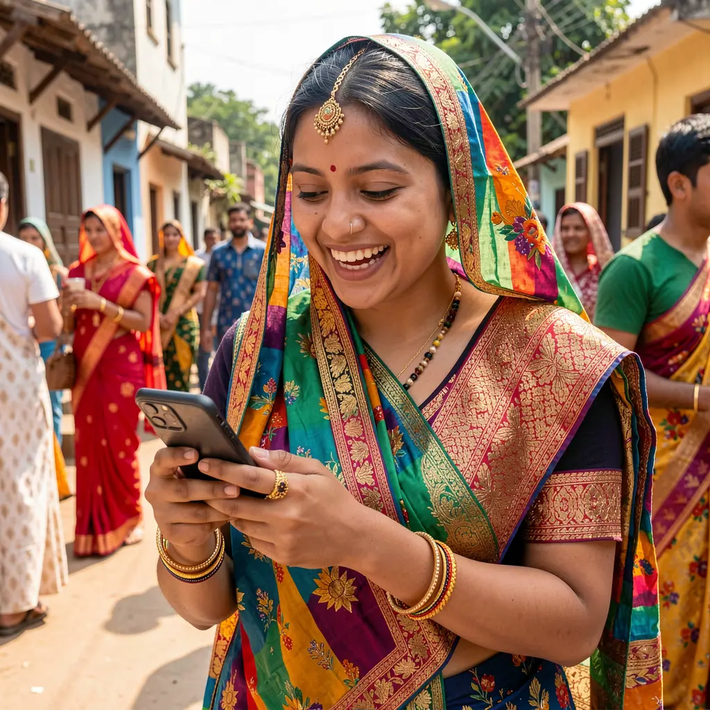 Smiling Bangladeshi woman in traditional attire enjoying mobile casino games on the F2222 app with colorful cultural background
