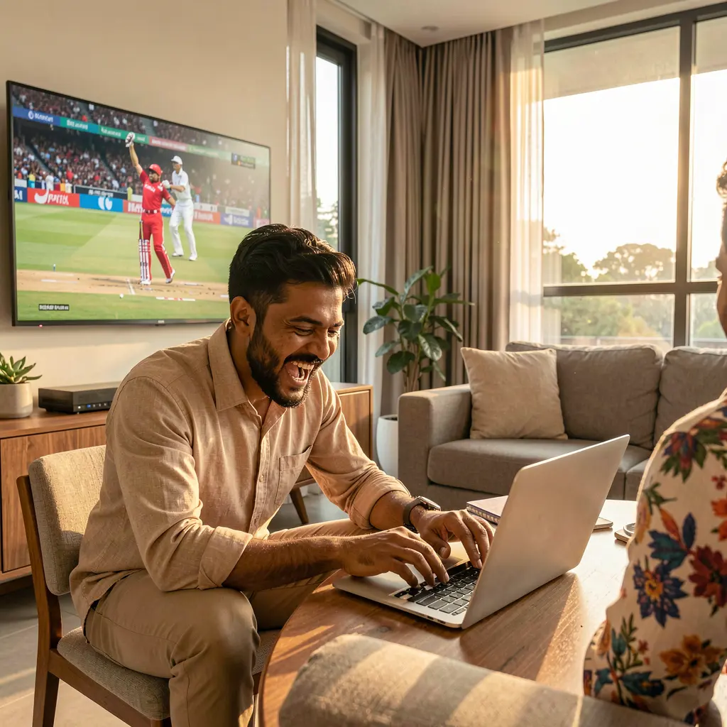 Excited Bangladeshi sports fan celebrating a winning bet on a laptop while watching cricket on TV using the F2222 betting platform