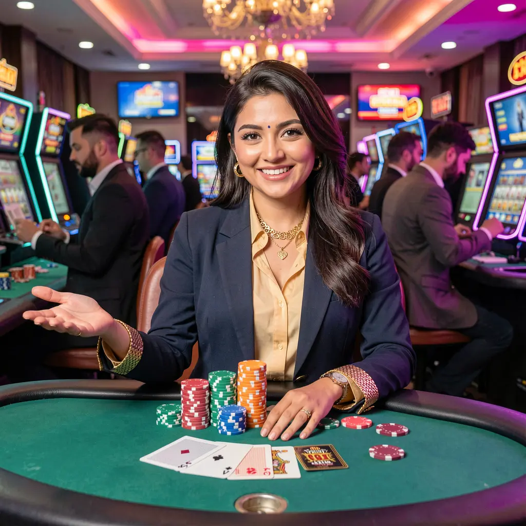Smiling live casino dealer at a glowing gaming table with stacked chips and cards showcasing the premium F2222 online casino experience for Bangladesh